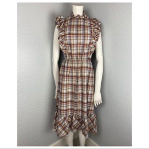 Vintage Brown Country Plaid Ruffle Detail Dress